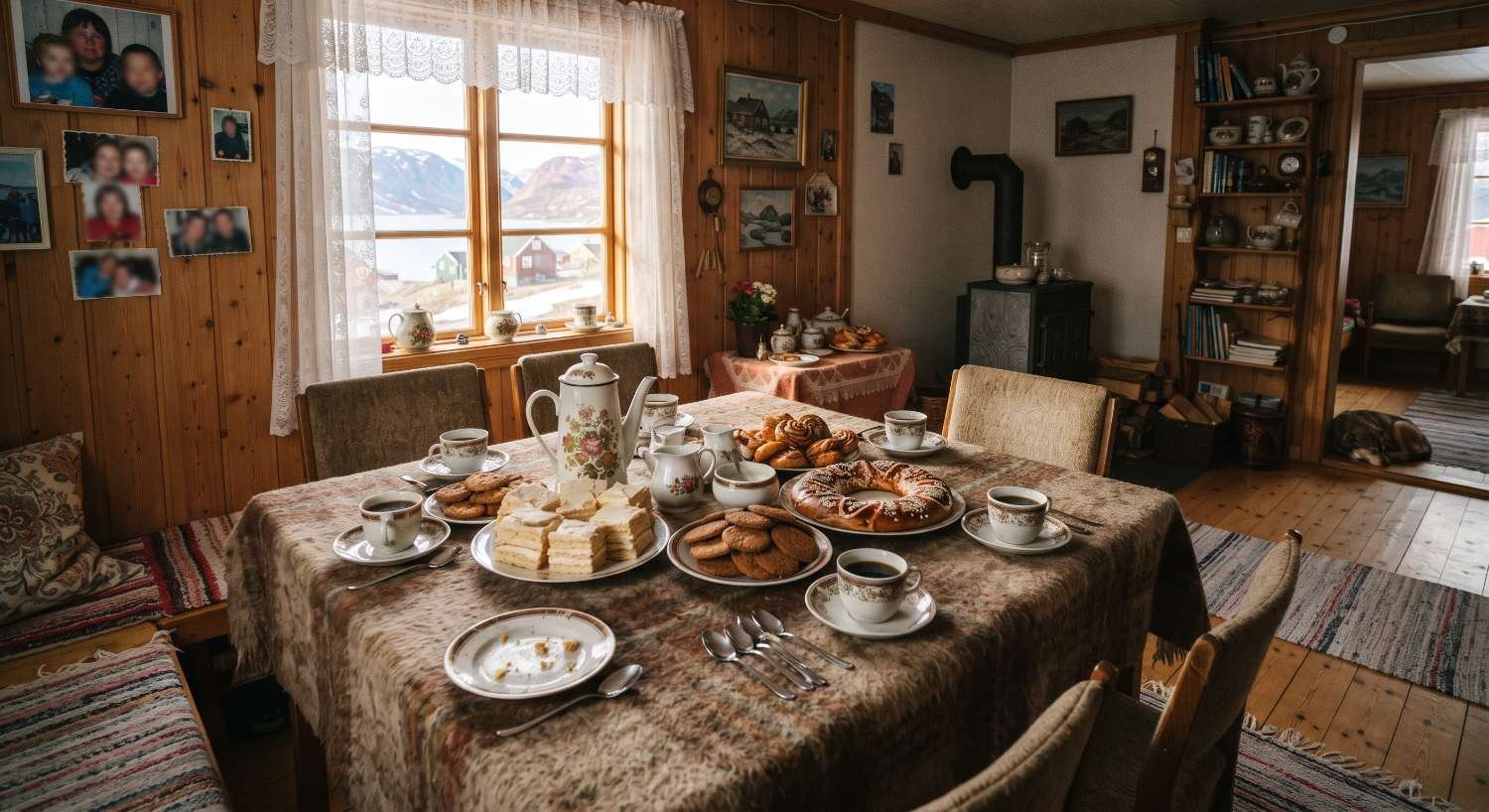 Kaffemik table with coffee and cakes in Greenland